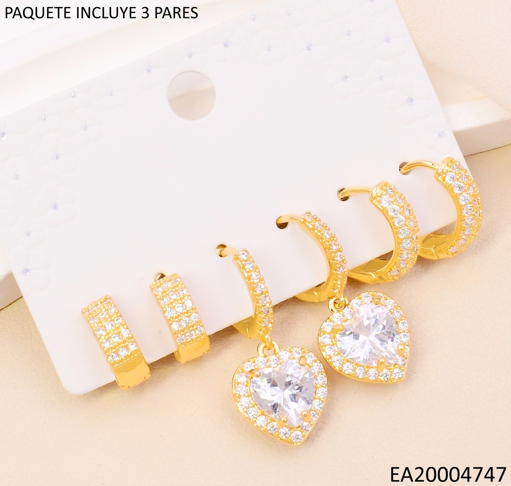 PENDIENTES CIRCONITA CUBICA EN ORO 14K(SET3) / CORAZON SE1276-6