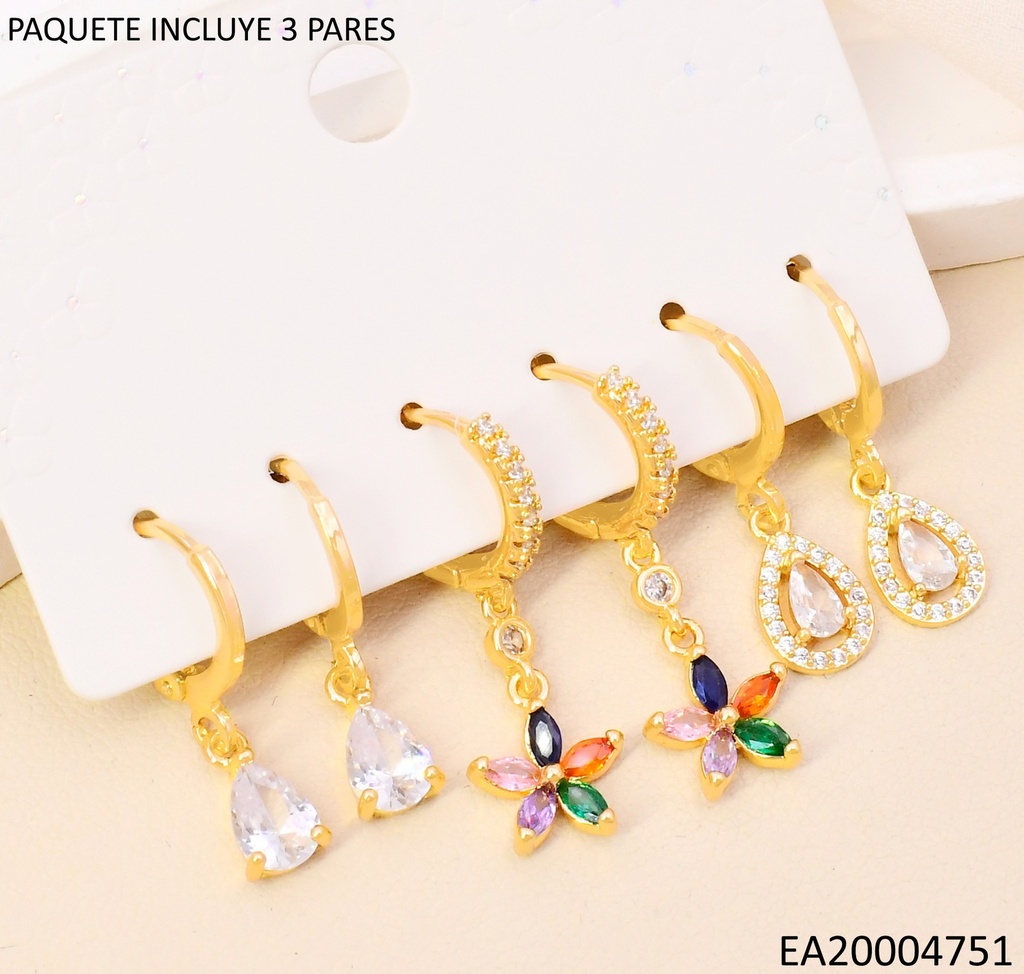 PENDIENTES CIRCONITA CUBICA EN ORO 14K(SET3) / FLOR /GOTA SE1266-6