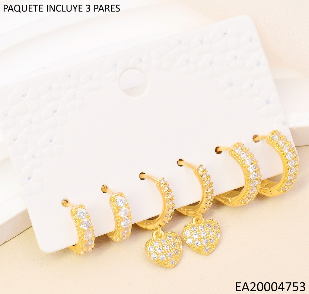 PENDIENTES CIRCONITA CUBICA EN ORO 14K(SET3) / CORAZON SE1278-6