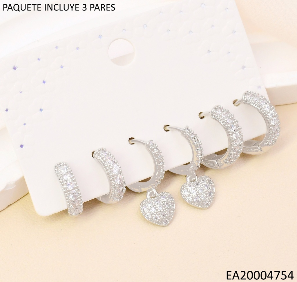 PENDIENTES CIRCONITA CUBICA EN ORO 14K(SET3) /PLAT  CORAZON  SE1279-6