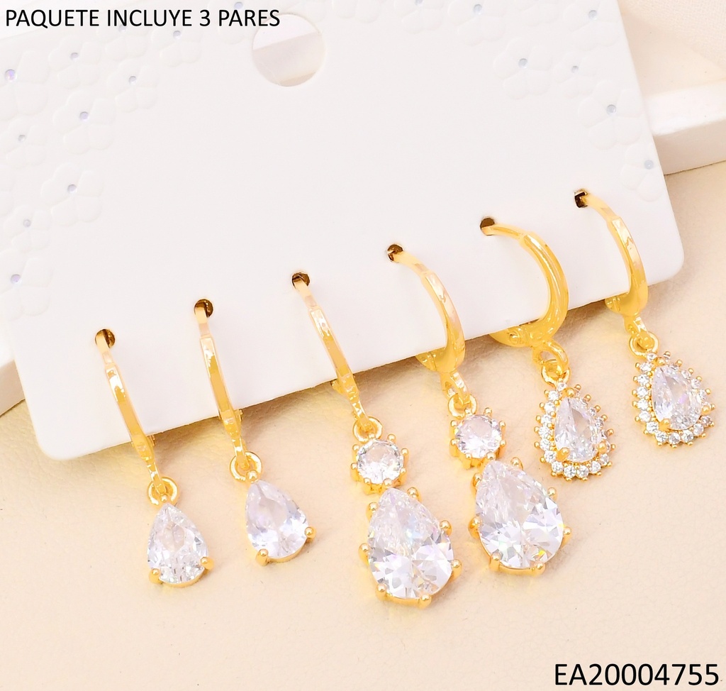 PENDIENTES CIRCONITA CUBICA EN ORO 14K(SET3) / GOTAS SE1262-6