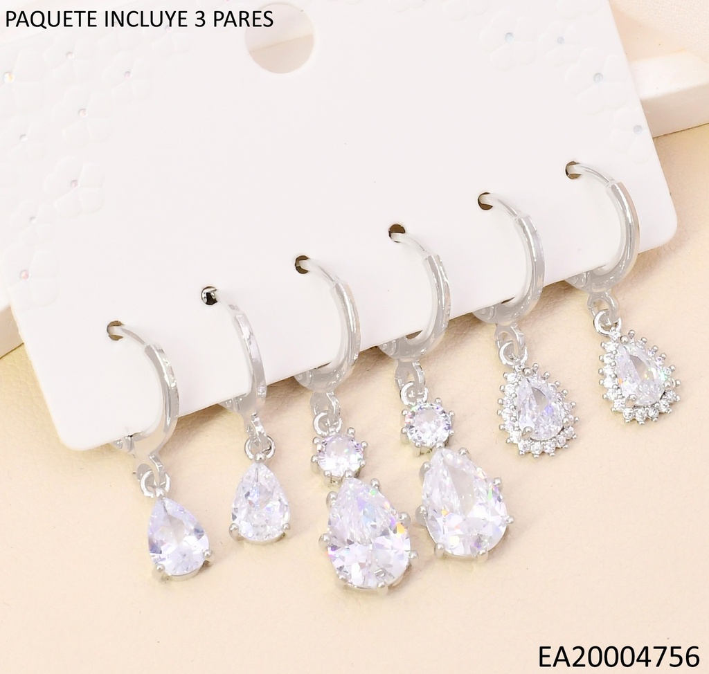 PENDIENTES CIRCONITA CUBICA EN ORO 14K(SET3) /PLAT GOTA SE1263-6