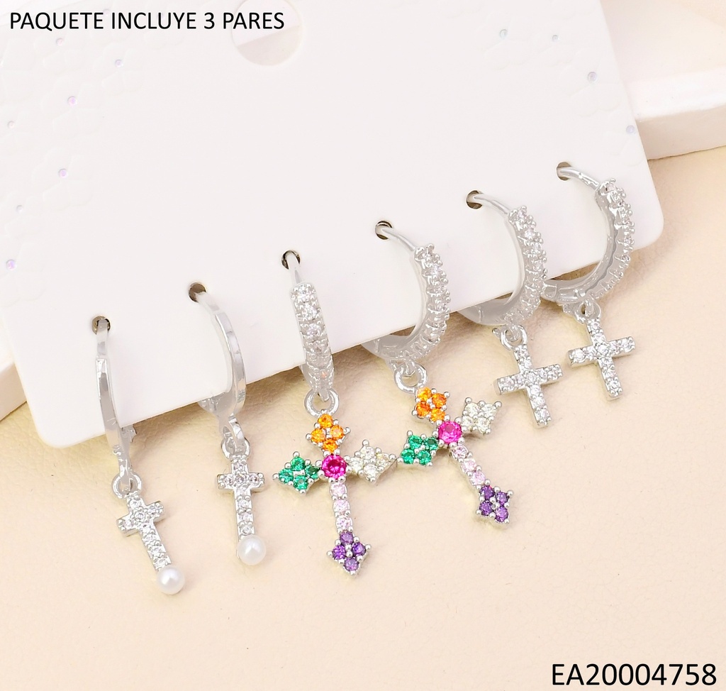 PENDIENTES CIRCONITA CUBICA EN ORO 14K(SET3)/PLAT CRUZ SE1269-6