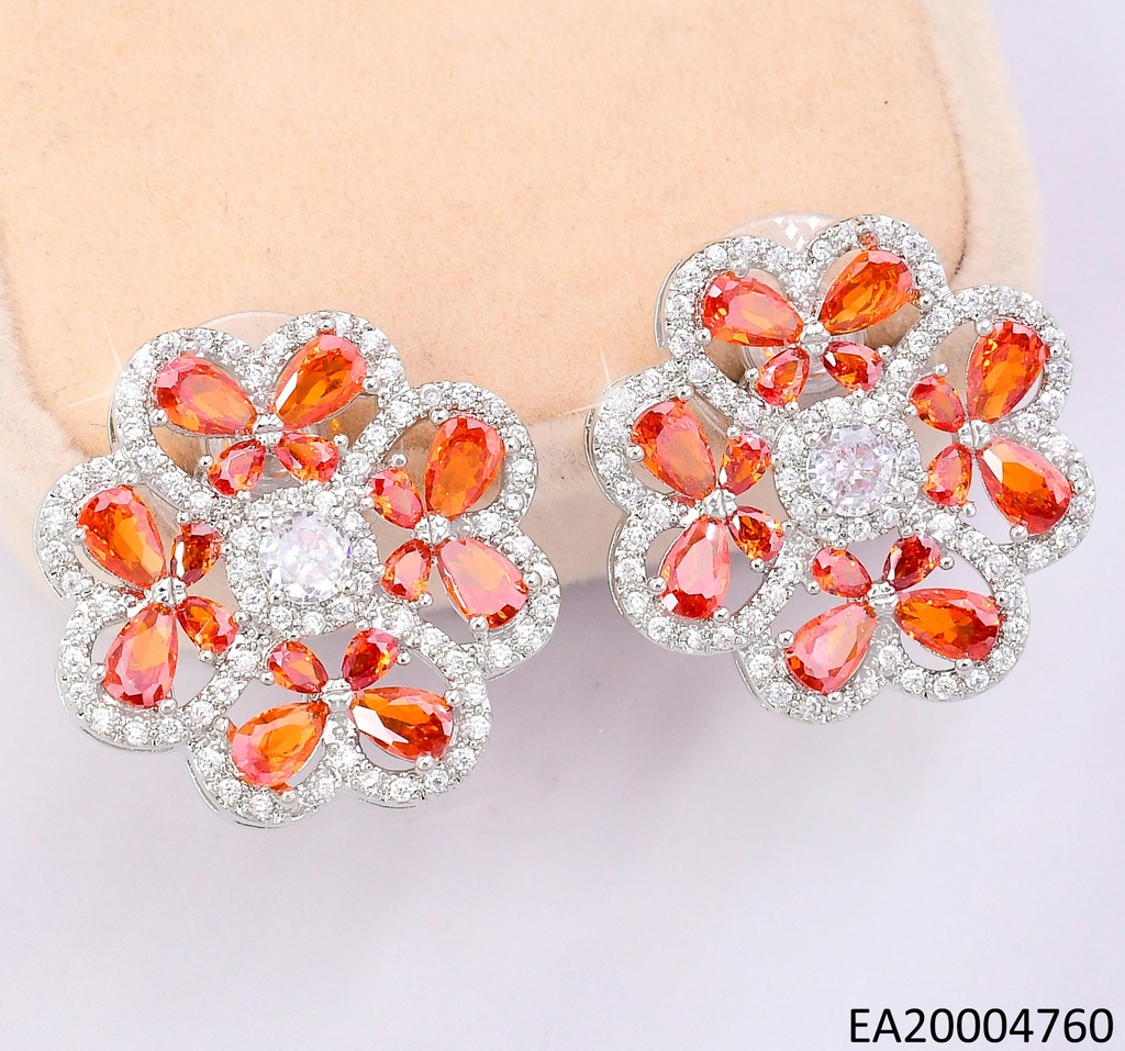 PENDIENTES ELEGANTES CON PEDRERÍA 14K /PLAT FLOR ZIRC. NARANJA EE4529-6