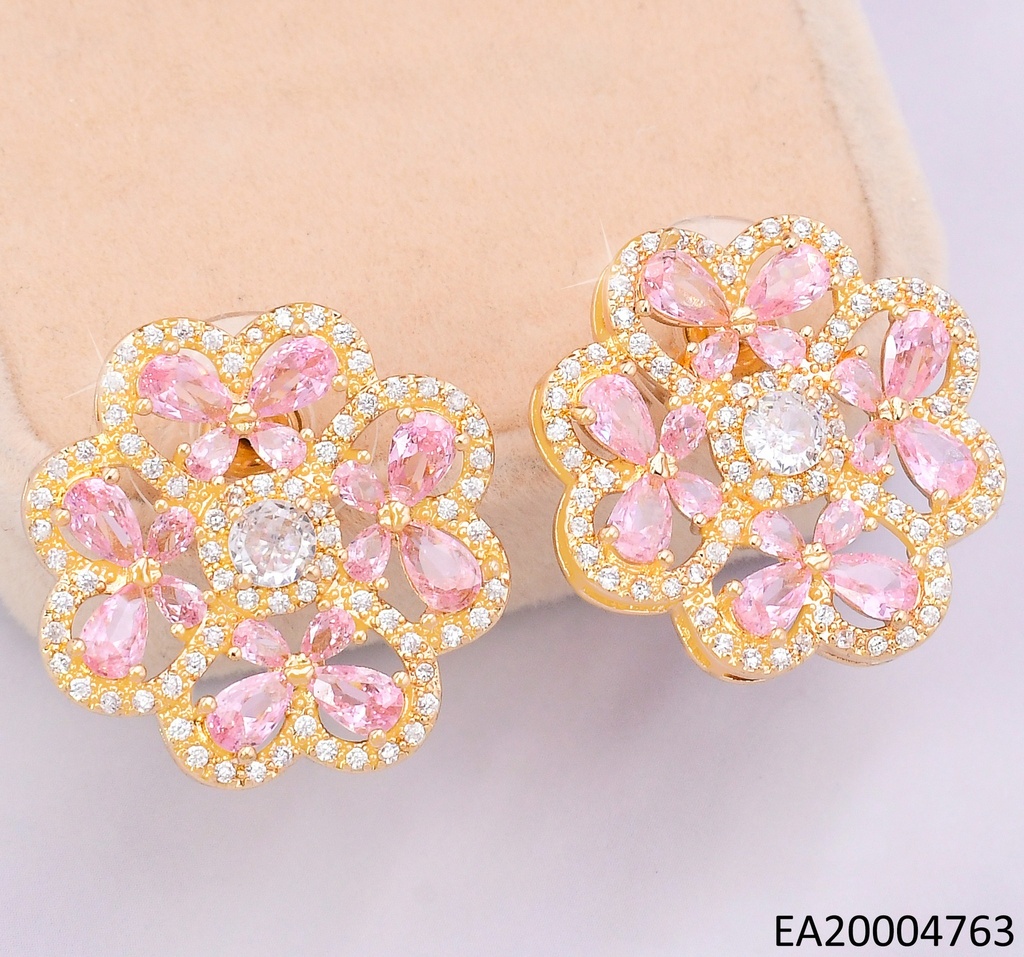 PENDIENTES ELEGANTES CON PEDRERÍA 14K /FLOR ZIRC. ROSA EE4526-6
