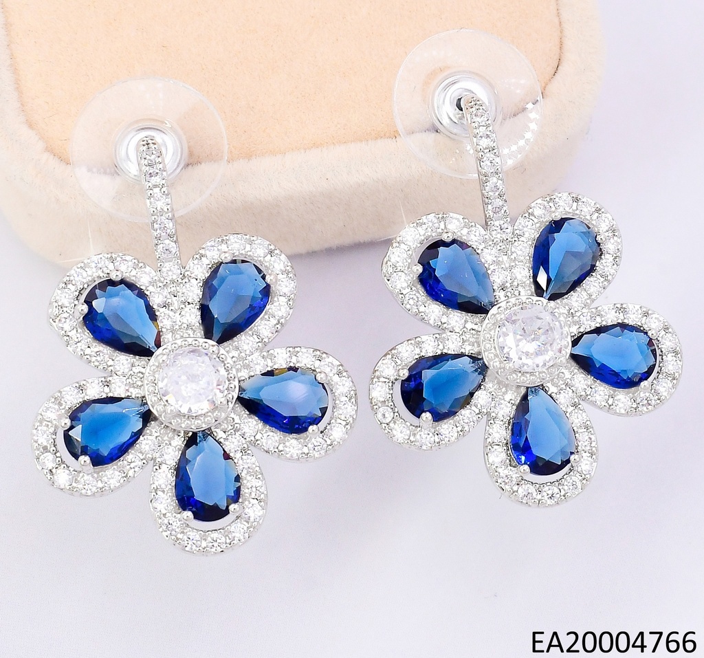 PENDIENTES ELEGANTES CON PEDRERÍA 14K /PLAT FLOR 5 PET. AZUL EE4601-6