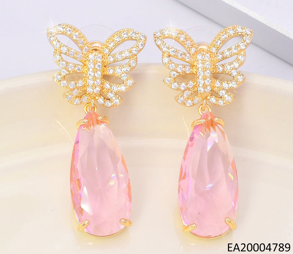 PENDIENTE COLGANTE CIRCONITA OVALADA ROSA/ MARIPOSA DOR EE4510-6