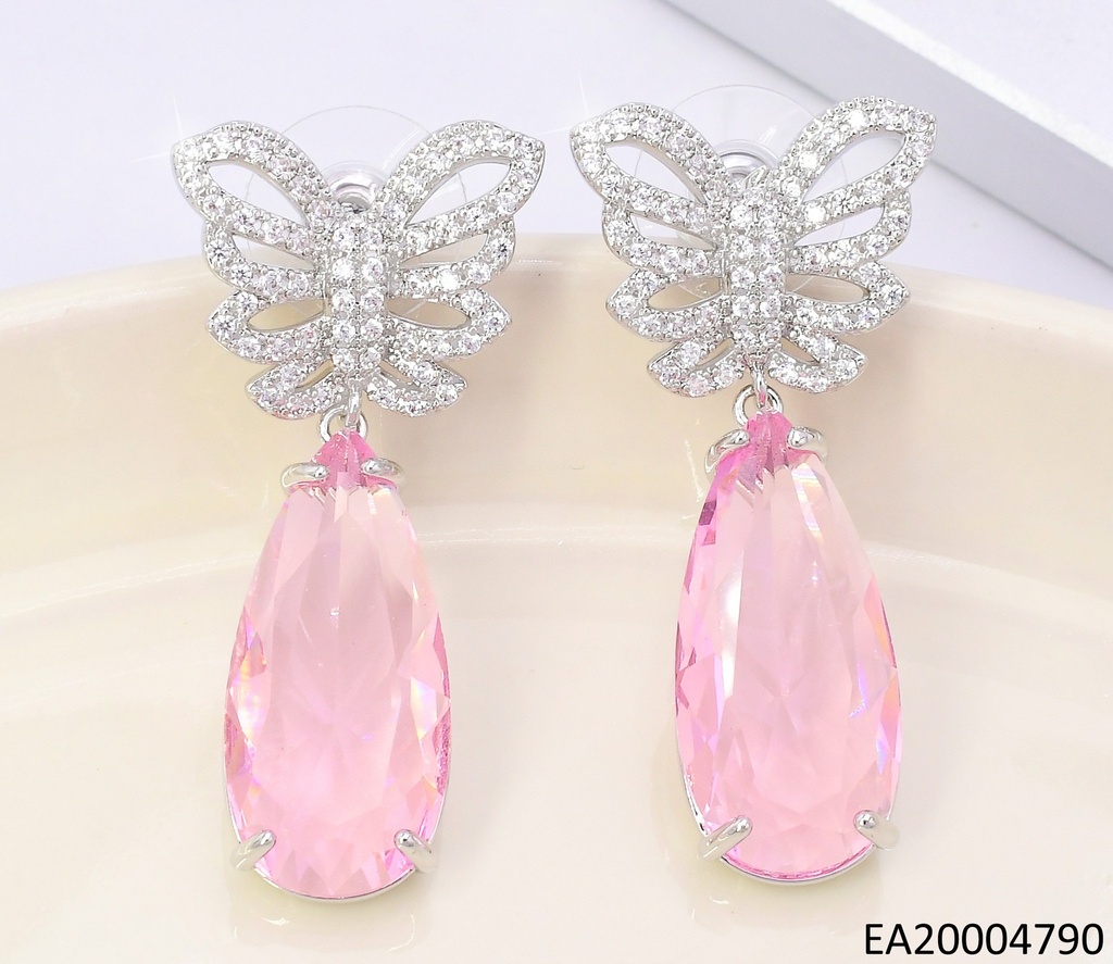 PENDIENTE COLGANTE CIRCONITA OVALADA ROSA/ MARIPOSA PLAT EE4511-6