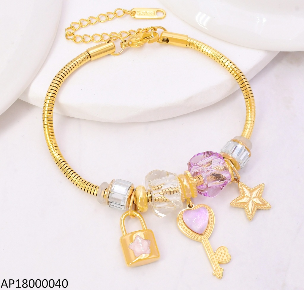 PANDORA FLEXIBLE DIJE ESTRELLA /CANDADO/CORAZON C/ LLAVE BA2177-45 (C.ROSA)
