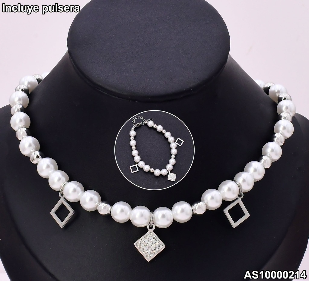 SET PLAT CADENA & PULSERA PERLAS / PELOTITAS PLAT 7360-731