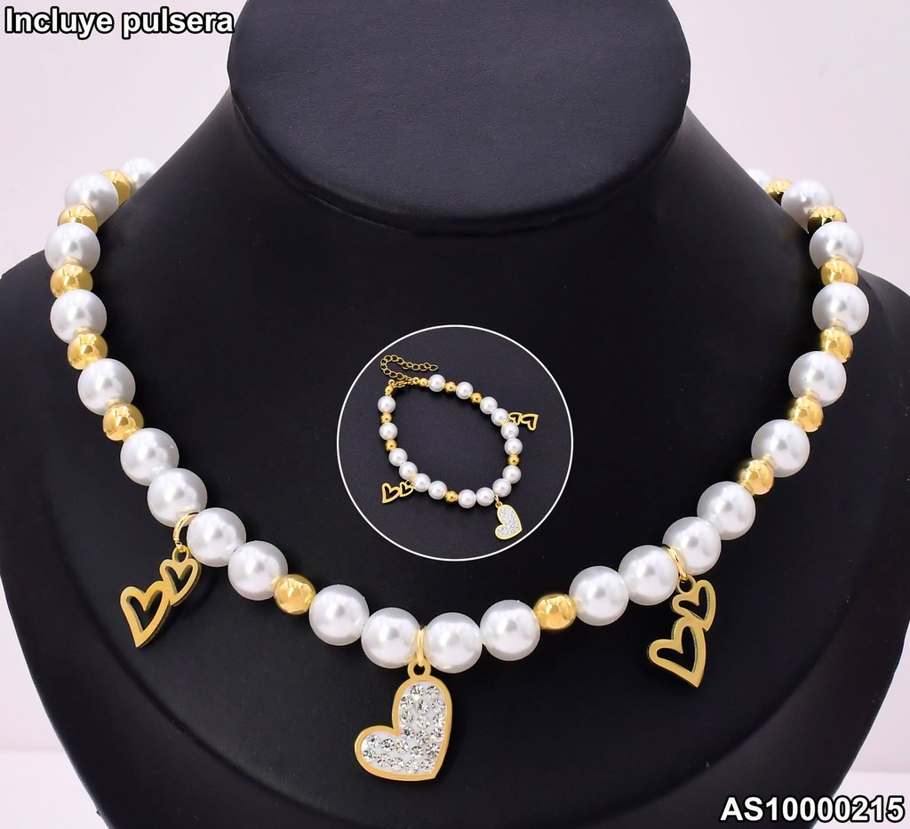 SET CADENA & PULSERA PERLAS / PELOTITAS DOR CORAZON 7071-731