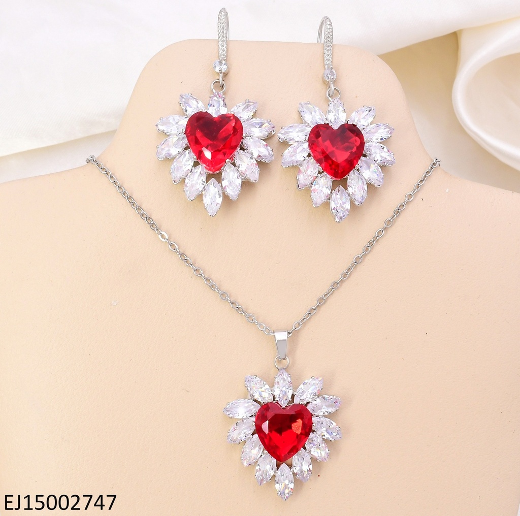SET PLAT CORAZON ROJO / ZIRC. OVALADAS CRISTAL ALREDEDOR SE1287-300