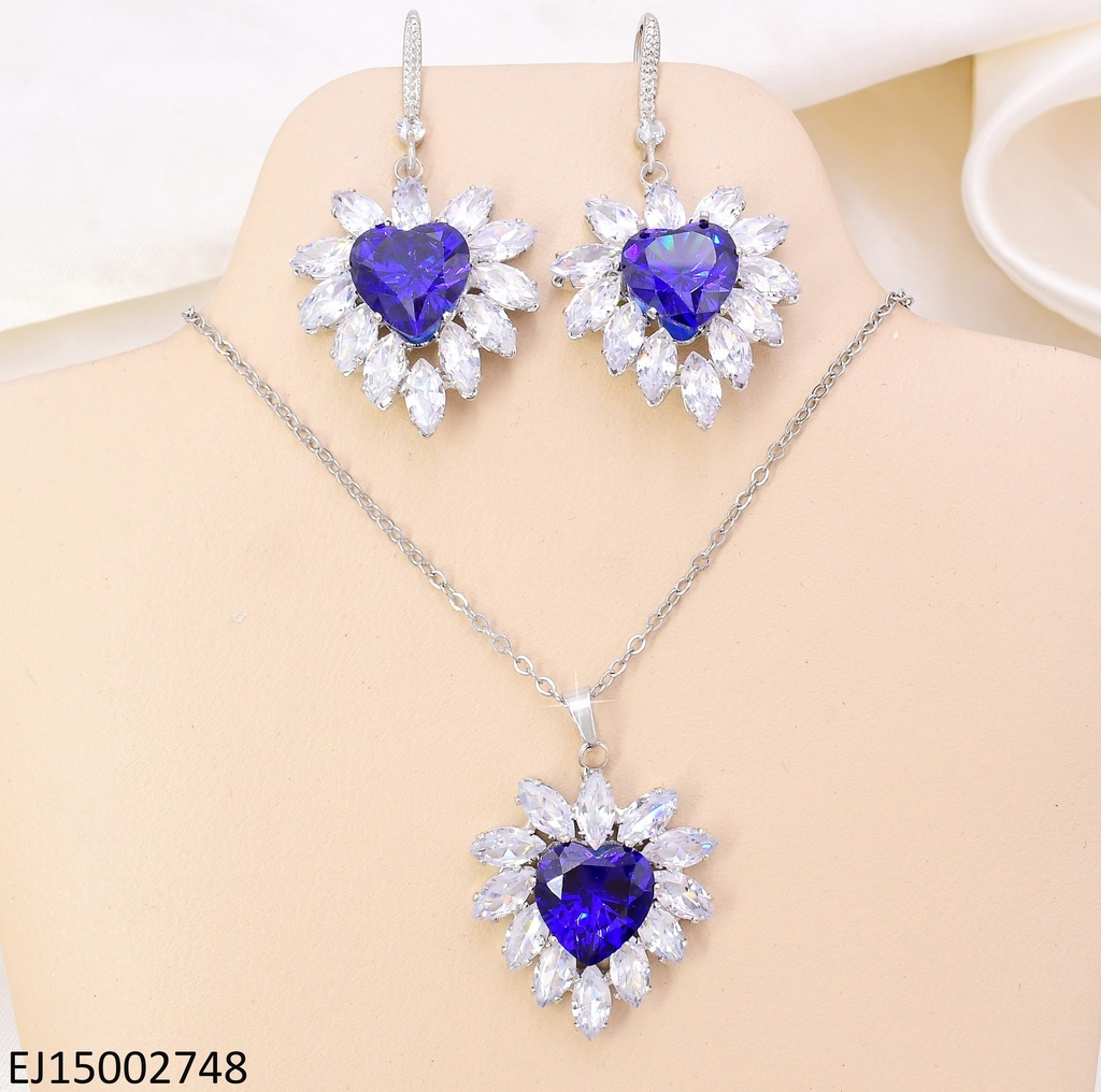 SET PLAT CORAZON AZUL / ZIRC. OVALADAS CRISTAL ALREDEDOR SE1288-300
