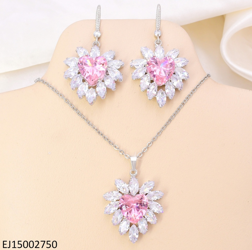 SET PLAT CORAZON ROSA / ZIRC. OVALADAS CRISTAL ALREDEDOR SE1286-300