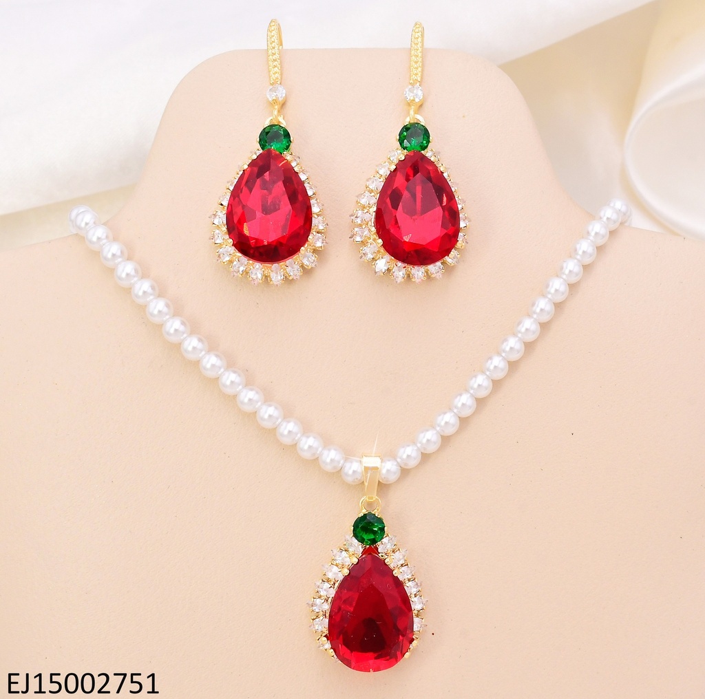 SET DORADO ZIRC. ROJA/ZIRC. VERDE /CADENA PERLA SE1307-300