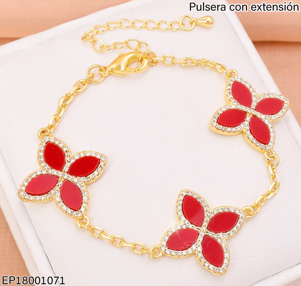PULSERA DOR FLOR ROJA (4) PETALOS/BORDE ZIRC. BE680-9