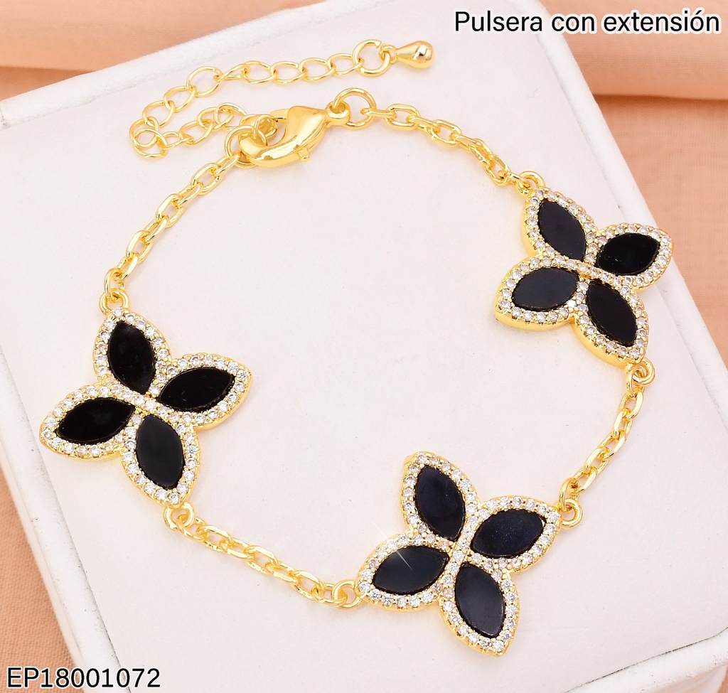 PULSERA DOR FLOR NEGRA (4) PETALOS/BORDE ZIRC. BE682-9