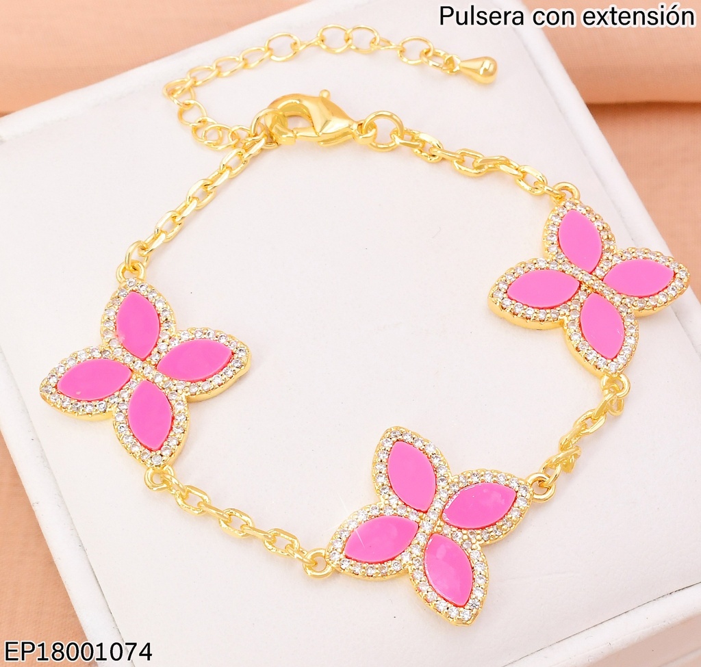 PULSERA DOR FLOR ROSADA (4) PETALOS/BORDE ZIRC. BE679-9