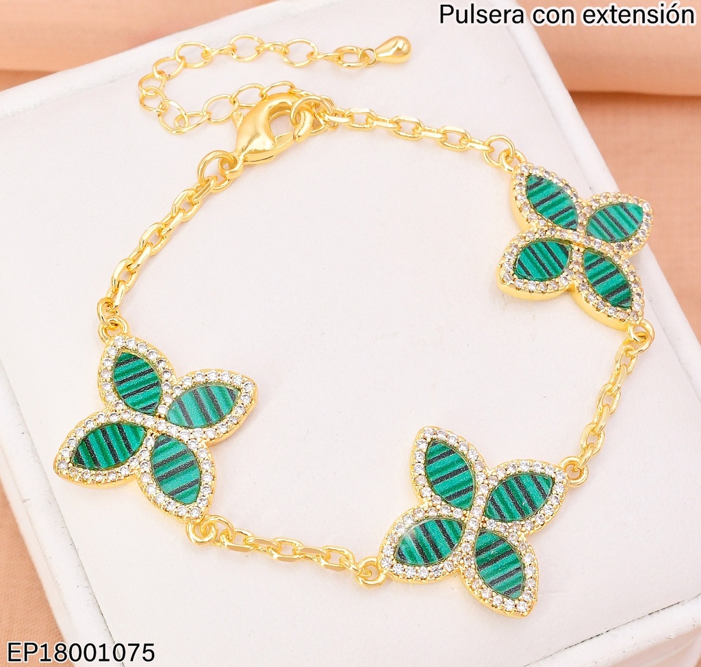PULSERA DOR FLOR VERDE (4) PETALOS/BORDE ZIRC. BE681-9