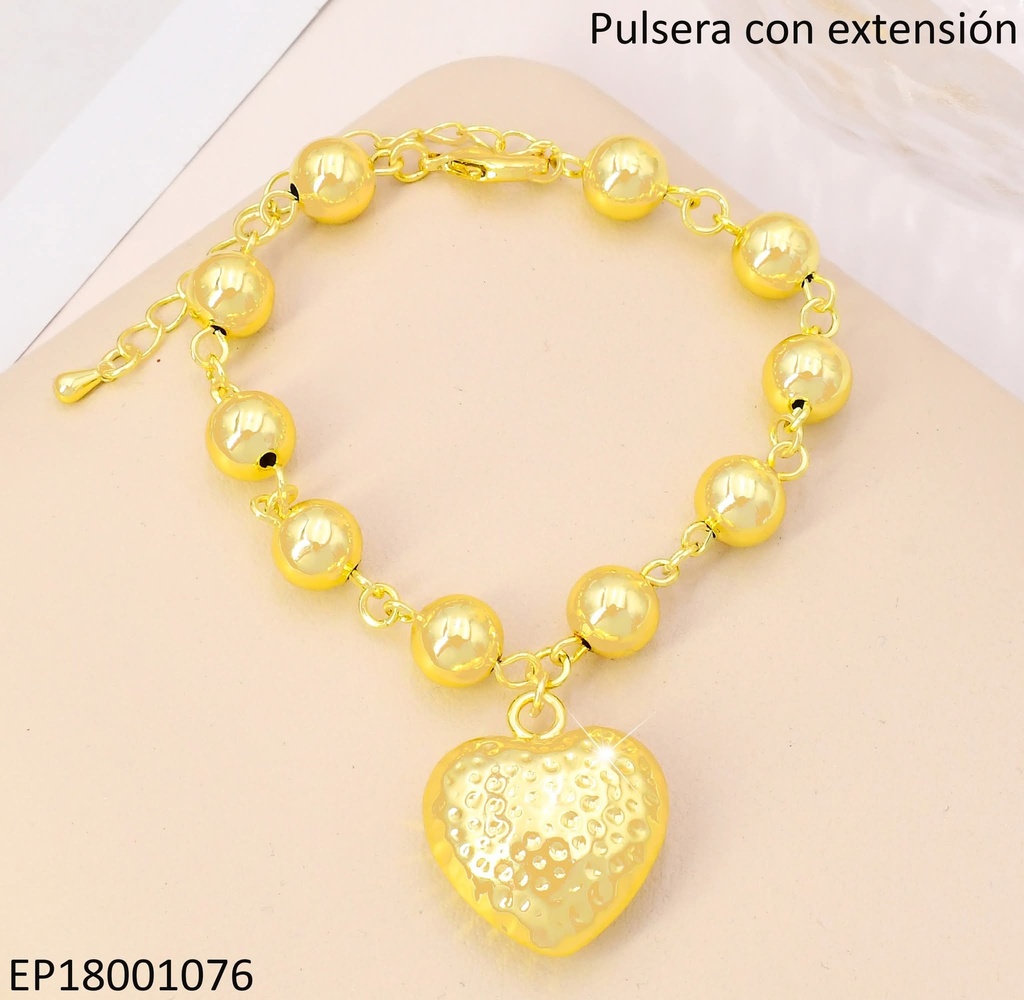 PULSERA DOR PELOTITAS/CORAZON INFLADO PUNTEADO BE586-9