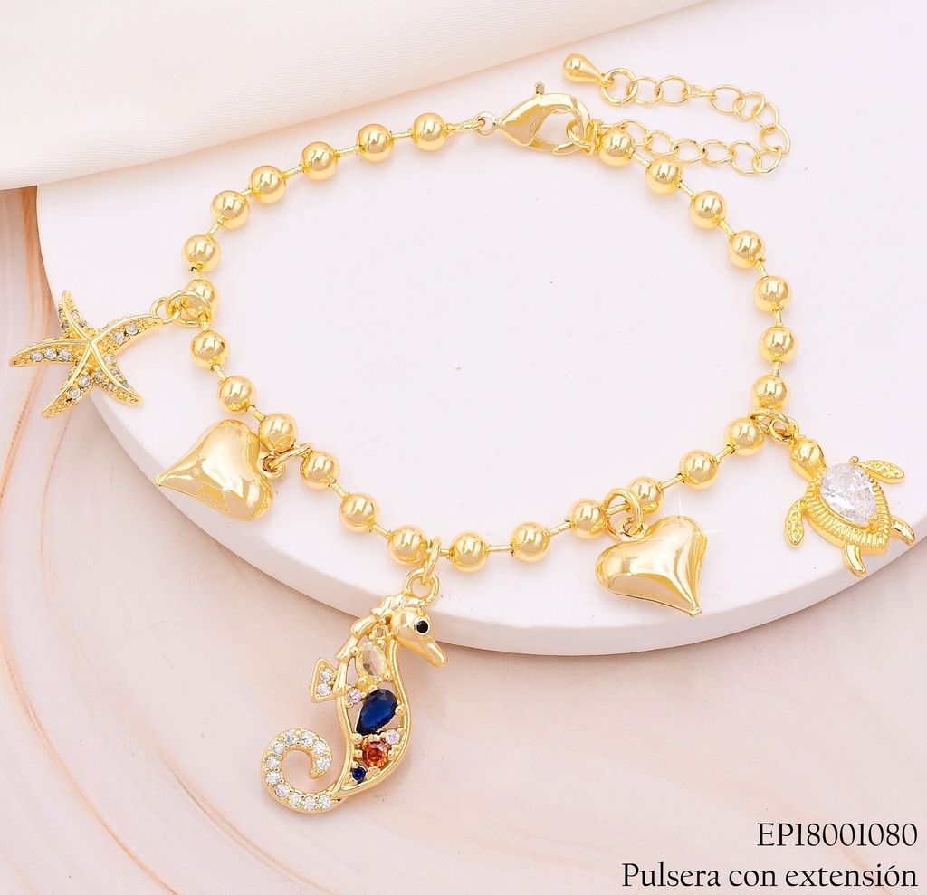 PULSERA DOR PELOTITA DIJES CABALLITO DE MAR/ ESTRELLA/CORAZON/TORTUGA /ZIRC. BE745-9
