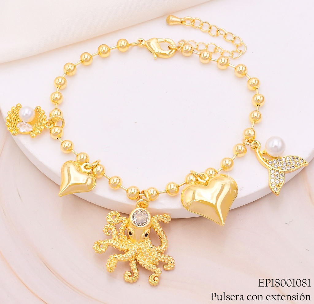 PULSERA DOR PELOTITAS DIJES PULPO/CORAZON/COLA DE SIRENA BE561-9