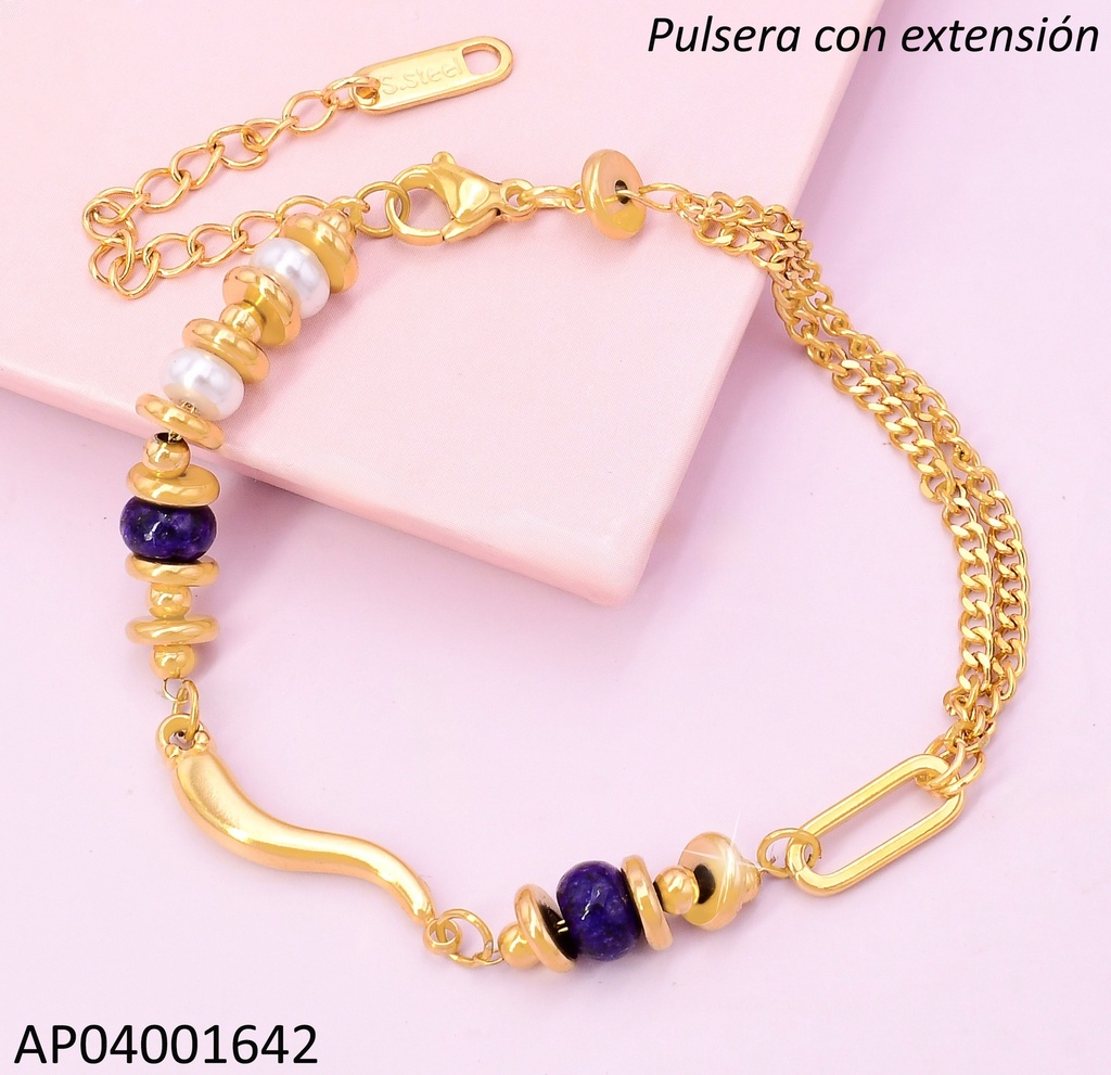 PULSERA DOR CADENA DOBLE / RUEDA AZUL & DOR/PERLA /LINEA CURVA CENTRO BA2298-45