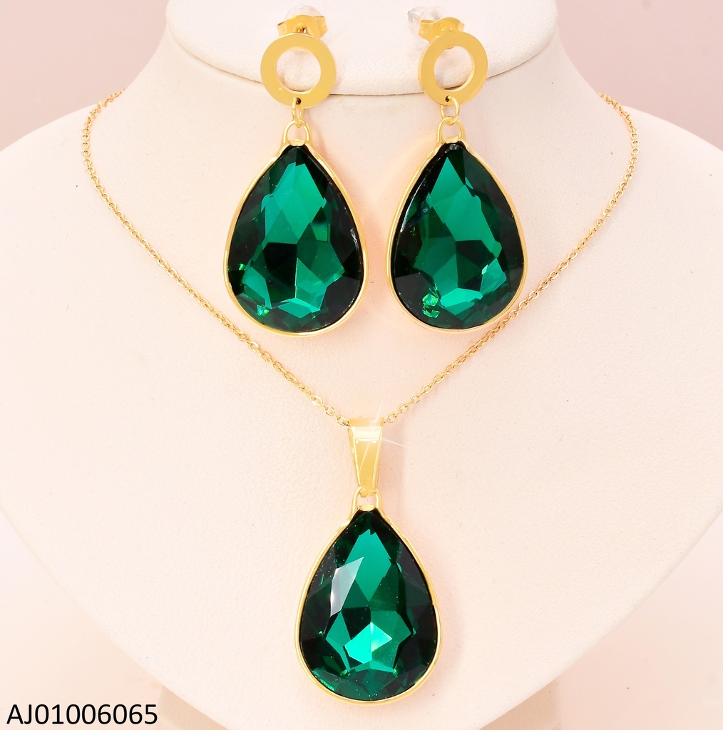 SET DORADO CIRCULO / GOTA VERDE COLGANTE 7145-212