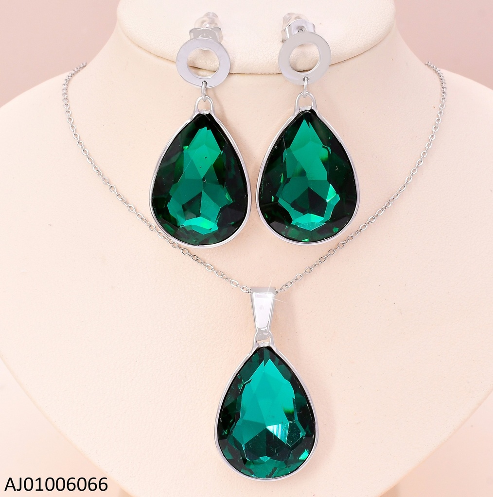 SET PLATEADO  CIRCULO / GOTA VERDE COLGANTE 7345-212