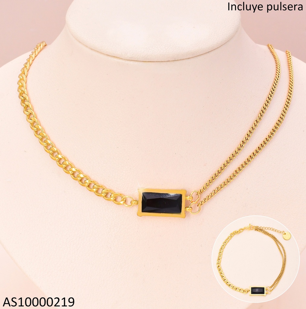 SET CADENA /PULSERA DOR RECTANGULO HORIZ. NEGRO 0355-704