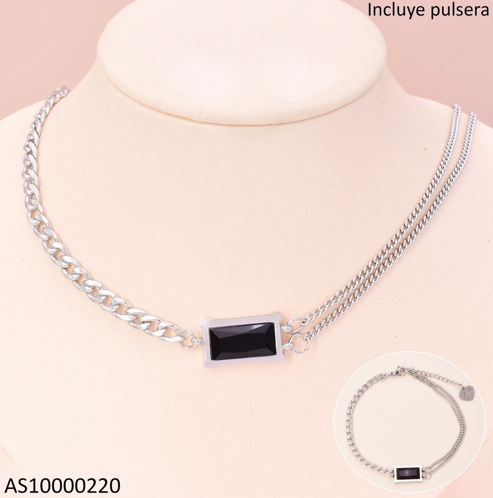 SET PLAT CADENA /PULSERA DOR RECTANGULO HORIZ. NEGRO 7293-704