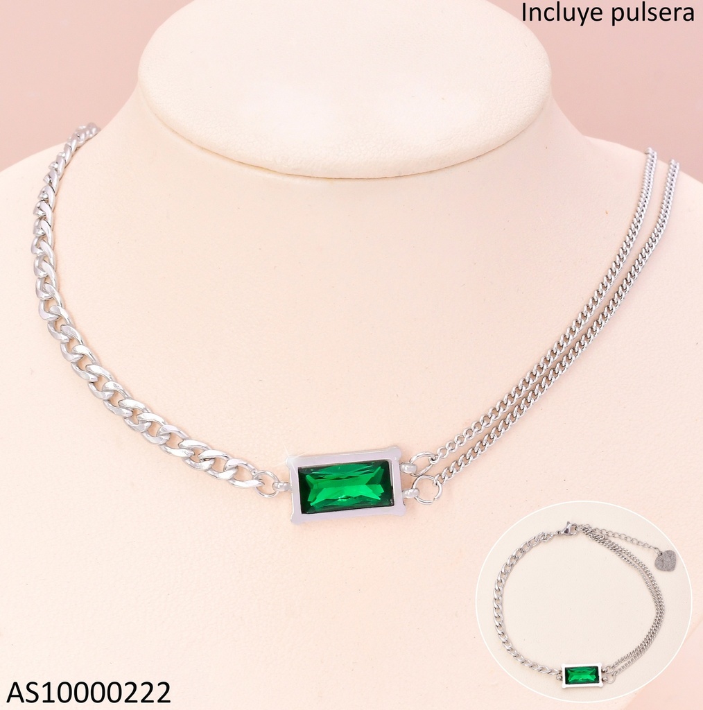 SET PLAT CADENA /PULSERA DOR RECTANGULO HORIZ. VERDE 7287-704