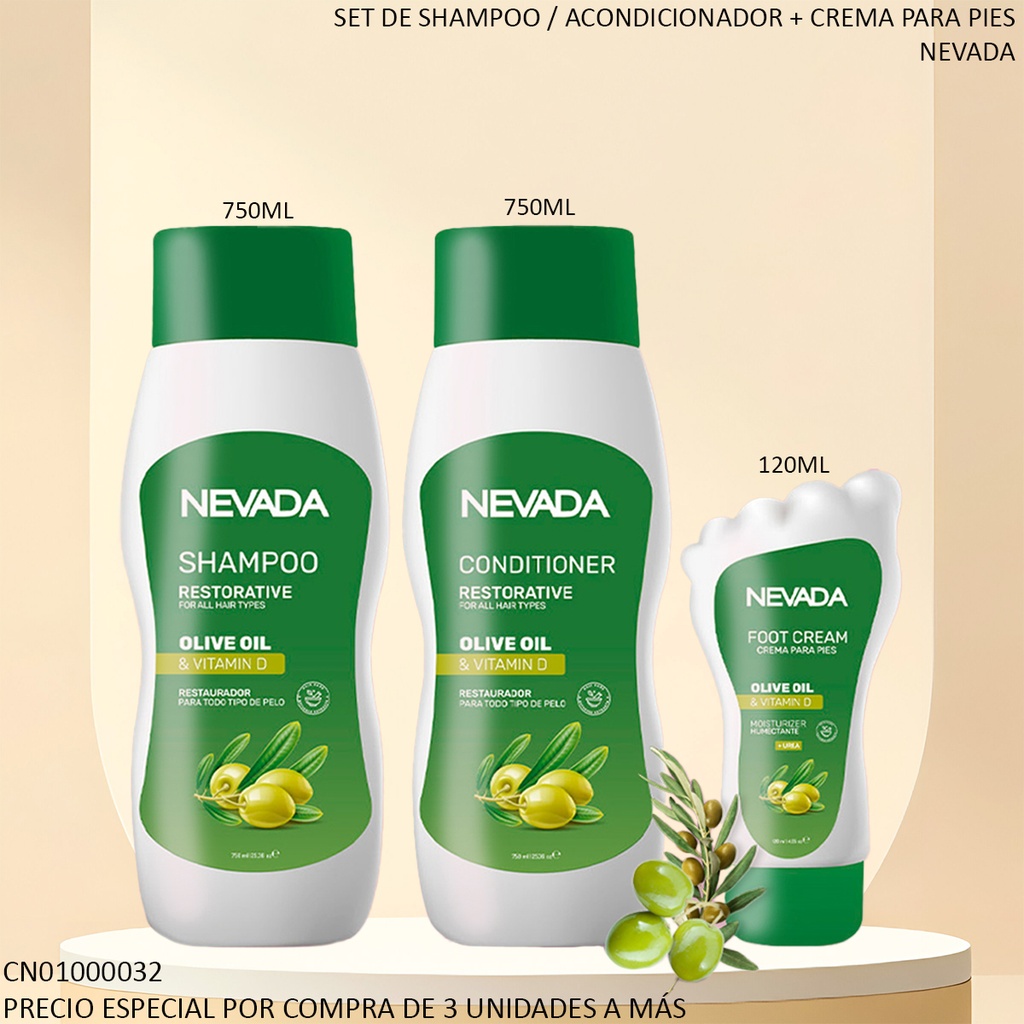 SET CAPILAR + PIES  NEVADA  750ML/120ML/750 OLIVE OIL & VITAMIN D