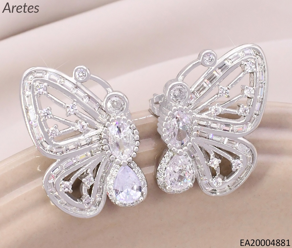 ARETES PLAT MARIPOSA VISTA LATERAL CALADA ZIRC OVALADAS EE5089-268
