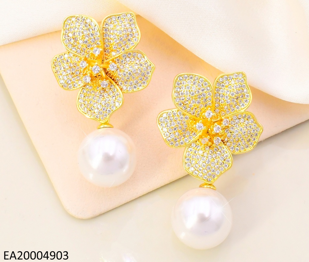 ARETES DOR FLOR  5 PETALOS ZIRC. / PERLA  EE5027-268