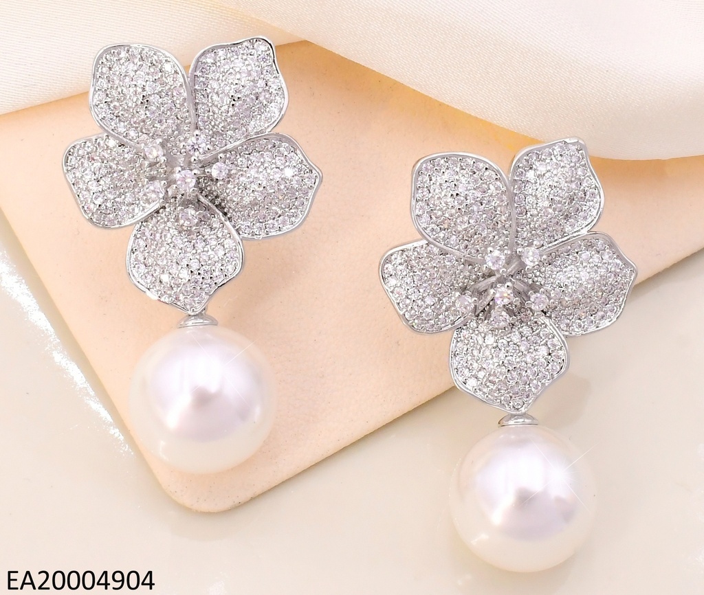 ARETES PLAT FLOR  5 PETALOS ZIRC. / PERLA  EE5028-268
