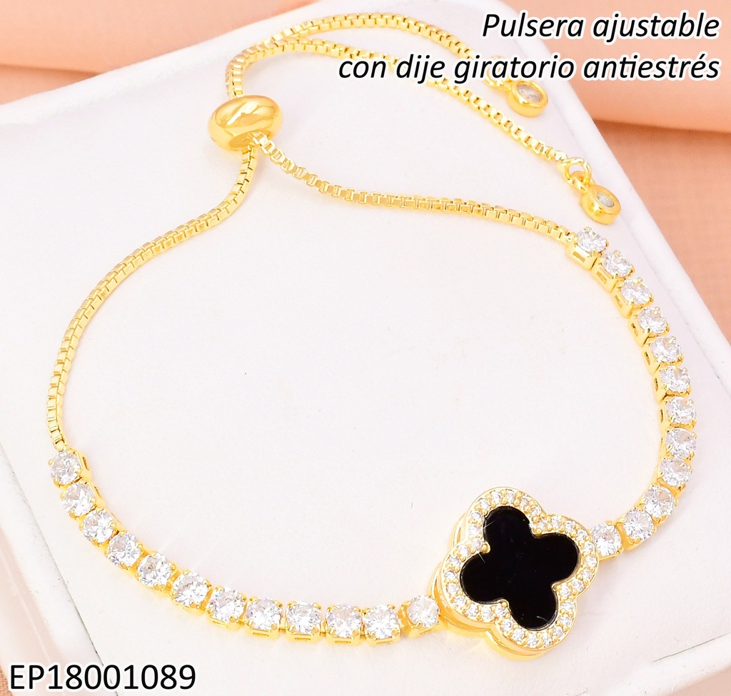 PULSERA DOR AJUSTABLE VAN CLEEF NEGRO ANTI-ESTRÉS/ZIRC. BE705-9