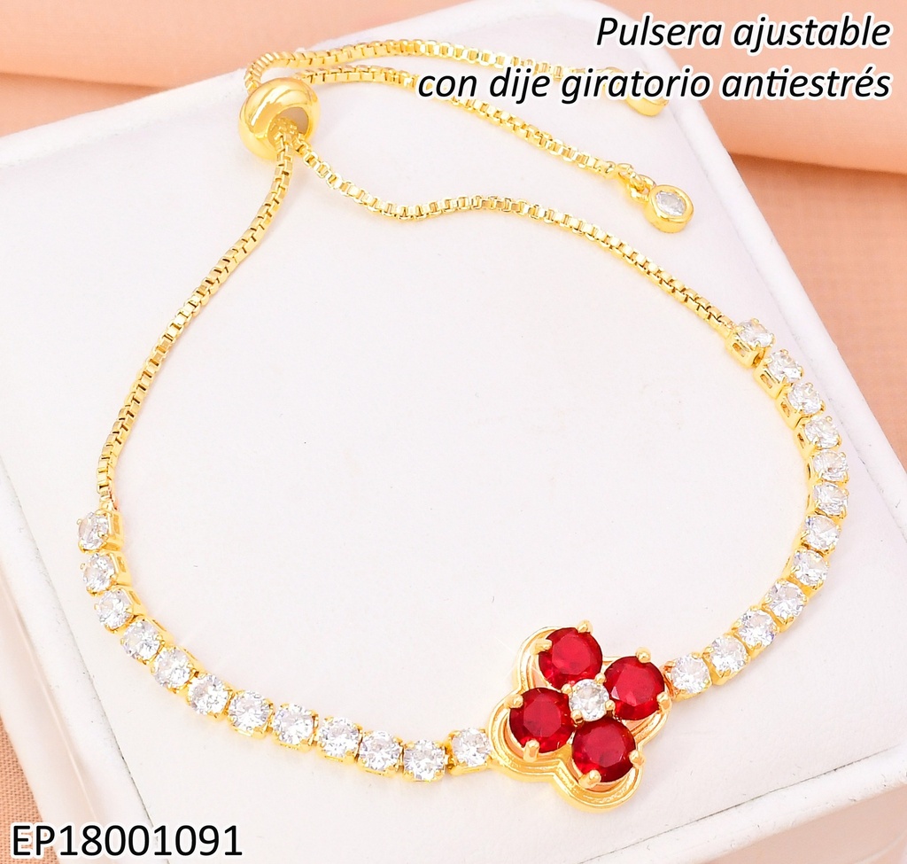 PULSERA DOR AJUSTABLE VAN CLEEF ROJO ANTI-ESTRÉS/ZIRC. BE695-9