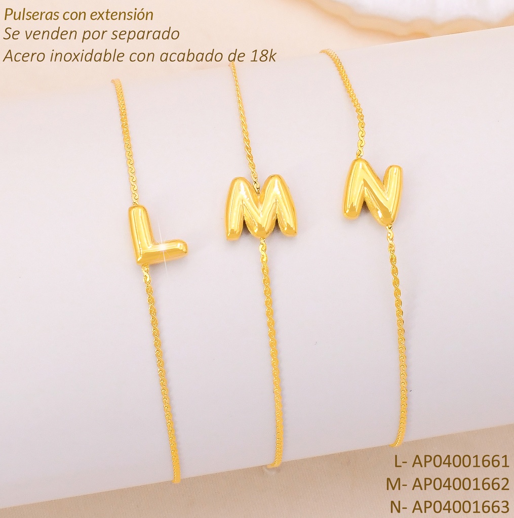 PULSERA ACERO INOX. ACABADO 18K. LETRA "M "P25070040