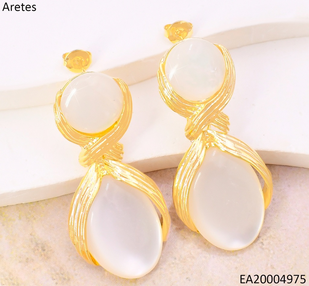 ARETES PIEDRAS OVALADAS BLANCAS C/ DETALLES DORADOS RAYADOS EE5143-355
