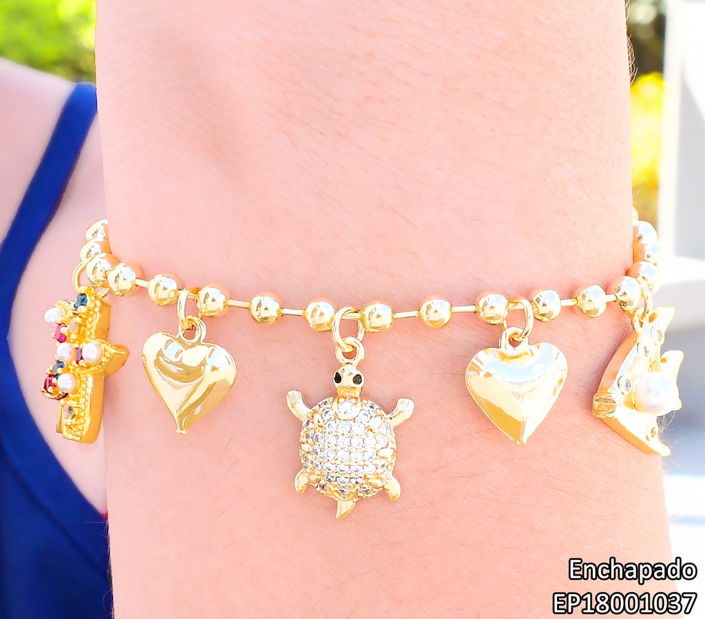 PULSERA DORADA PELOTITAS DIJES ESTRELLA/CORAZONES/PEZ/TORTUGA  (ENCANTO MARINO)BE562-9