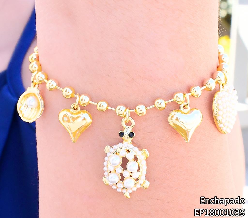 PULSERA DORADA PELOTITAS DIJES OSTRA/CORAZONES/TORTUGA PERLAS (ENCANTO MARINO)BE564-9