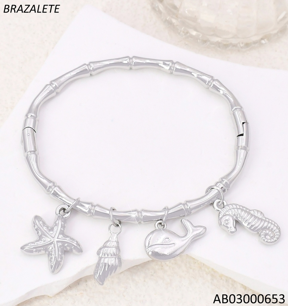 BRAZALETE PLAT BAMBOO DIJES ESTRELLA /BALLENA/CABALLITO DE MAR/CONCHA BA2293-45