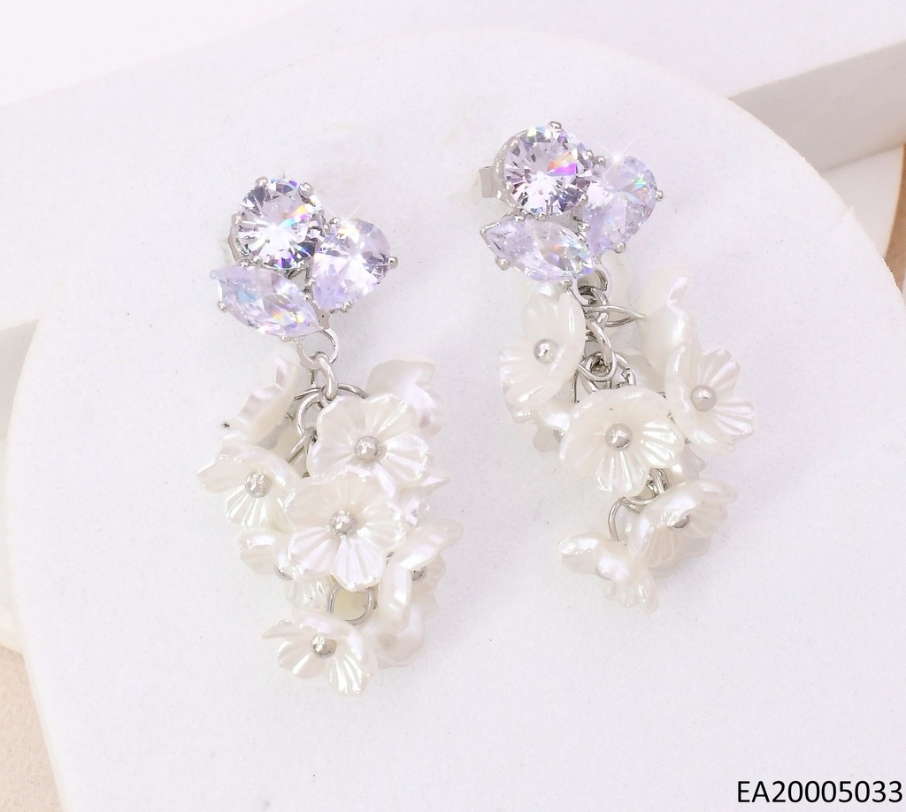 ARETES PLAT ZIRC. CRISTAL RD/ FLORES BLANCAS COLGANTES  EE4371-355