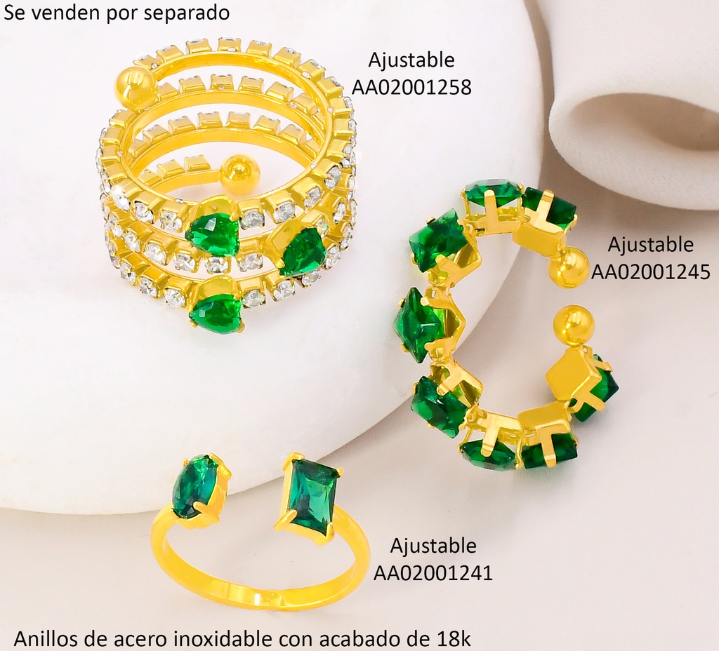 ANILLO ACERO INOX. ACABADO 18K. AJUSTABLE ZIRC ROMBOS VERDE P25070124003