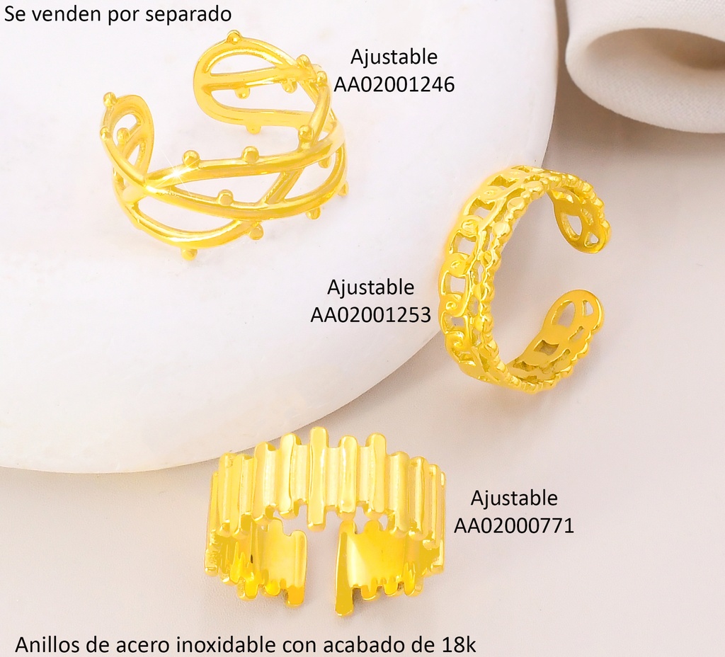 ANILLO ACERO INOX. ACABADO 18K. AJUSTABLE LINEAS ENTRELAZADAS & ESPINAS P25070118001