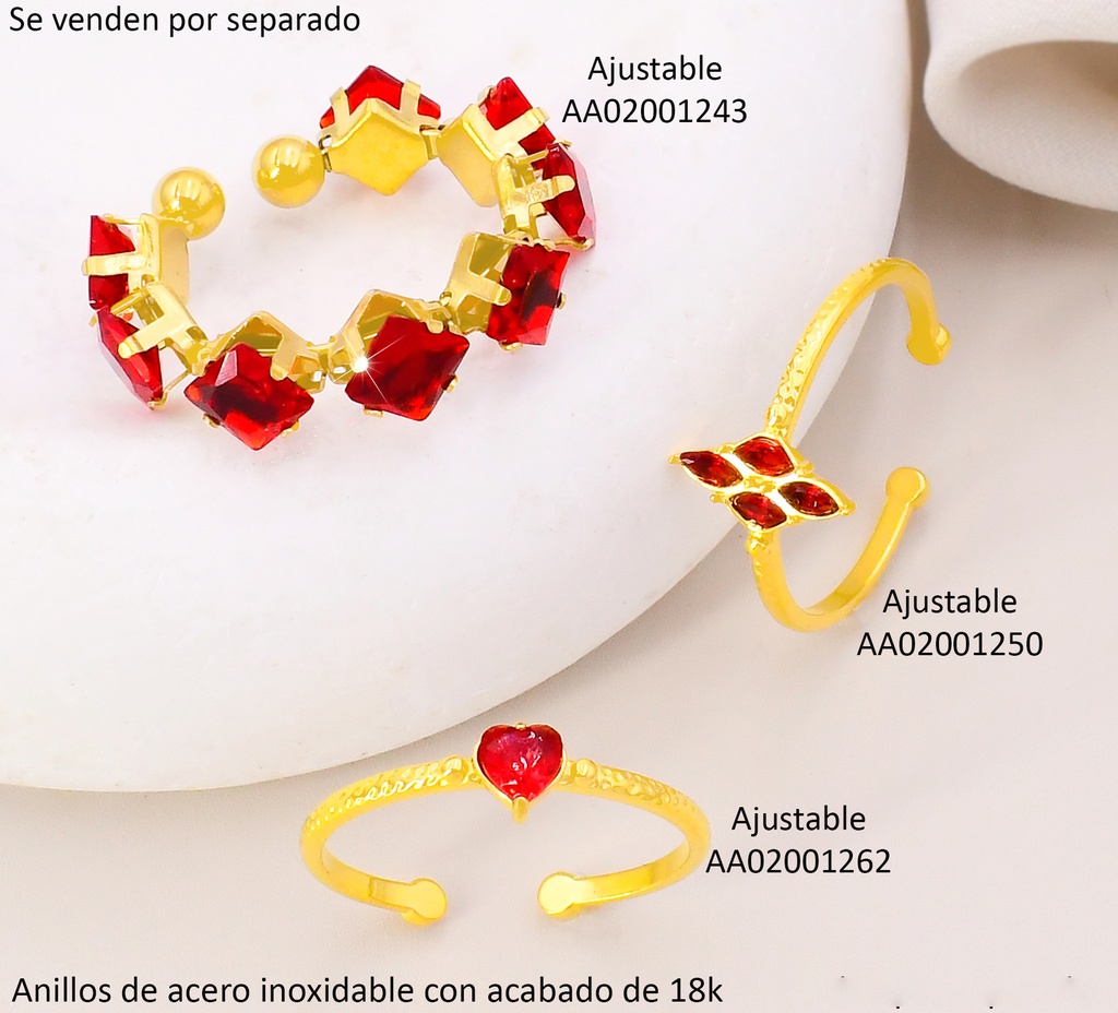 ANILLO ACERO INOX. ACABADO 18K. AJUSTABLE ZIRC. ROMBO ROJO P25070140002