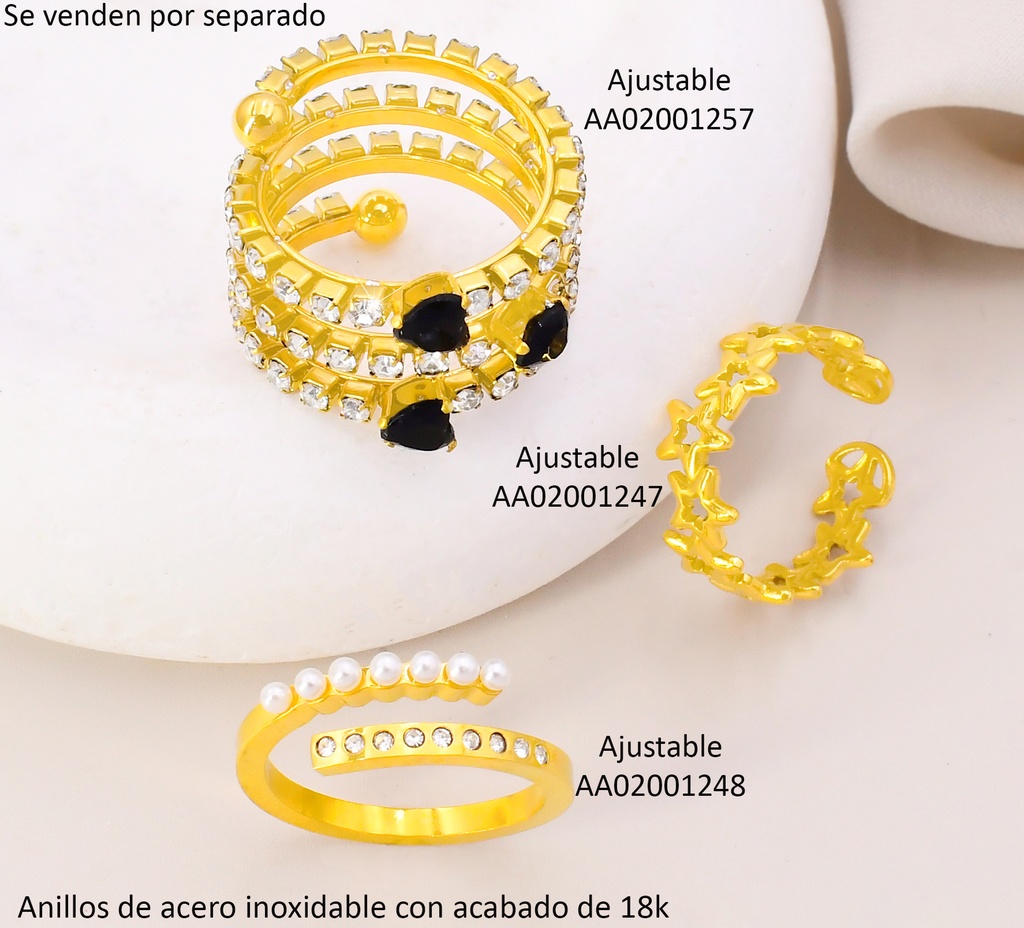 ANILLO ACERO INOX. ACABADO 18K.  ESPIRAL ZIRC. CORAZON NEGRO P25070127003