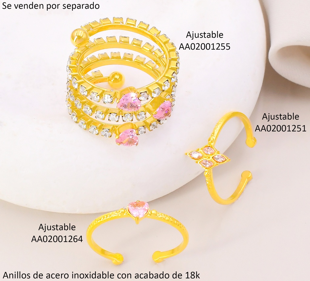 ANILLO ACERO INOX. ACABADO 18K. AJUSTABLE ZIRC. CORAZON ROSADO P25070138003