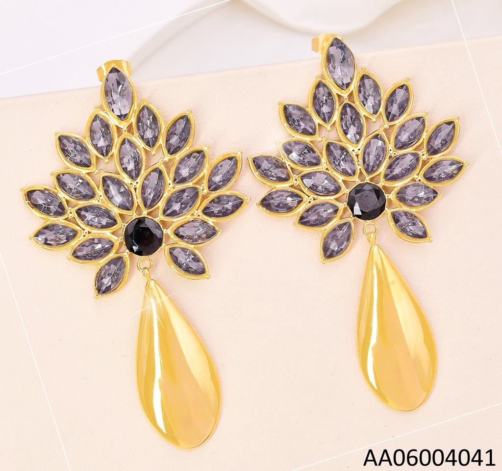 ARETES RACIMO HOJITAS ZIRC. GRIS C/GOTA DOR 2E4004143-434 /4004143-434